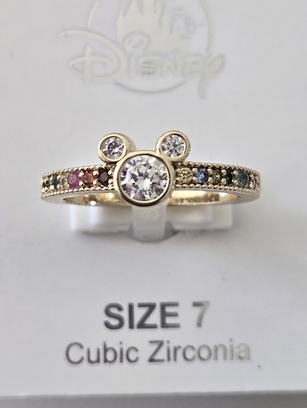 Mickey Mouse Multi-Color Rainbow Pavé Ring - Gold Tone - Size 7